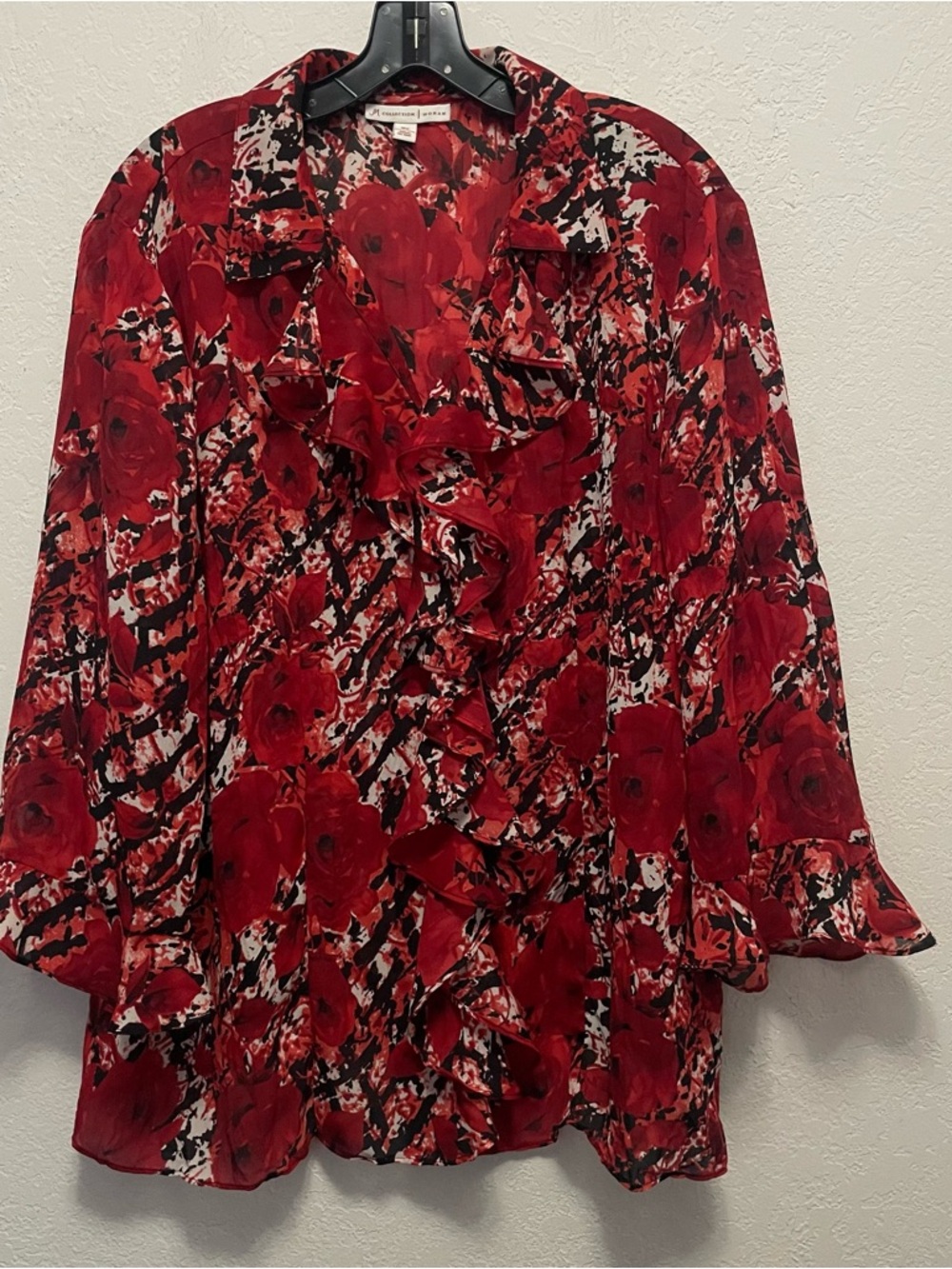 JM Collection Sz 18W Sheer Red Floral Buttoned Shirt 3/4 Sleeve Ruffle Front